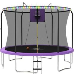 ACWARM HOME 14FT Trampoline with Basketball Hoop and LED Lights