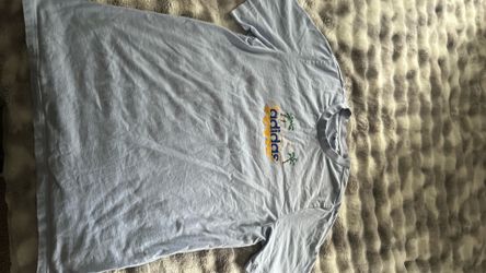 Adidas pixelated palm tree beach graphic light blue t-shirt