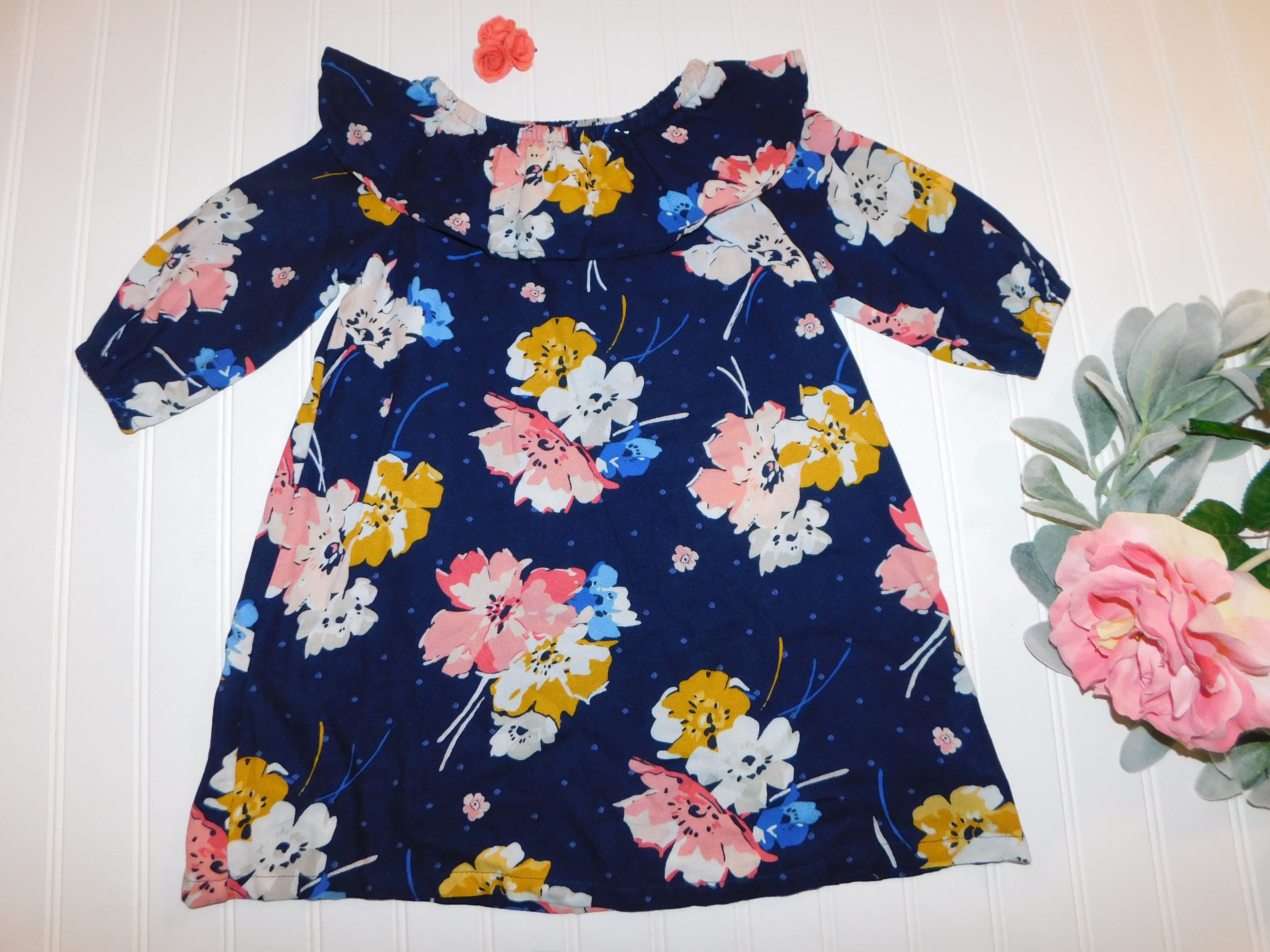 Old Navy Girls 4T Large Floral Blue Fall Wide Collar Dress & Gymboree Hair Clip