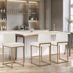 Sophia & William White & Gold Bar Stools Set of 3, Counter Height 24”Bar Stools with Back, Modern Leather Bar Chairs