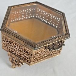 filigree Ormolo hexagon beveled glass velvet lined feet trinket JEWELRY BOX vtg