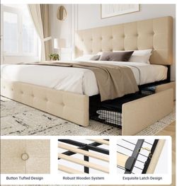King bed Size Upholstered Platform Bed Frame with 4 Storage Drawers, Modern Beige Velvet Bed with Adjustable Button Tufted Headboard, Solid Wooden Sla