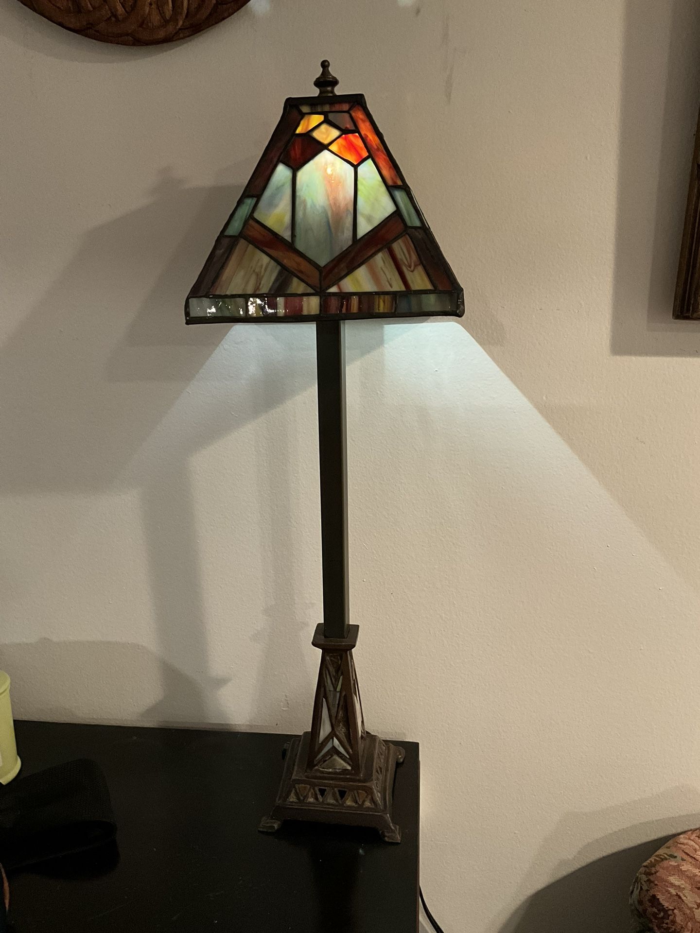 Stained Glass Lamp, Ying Long, Tiffany Style, Bronze 5 ••• Tone Metal 23" Tall Vintage