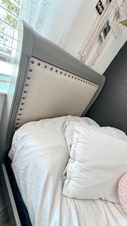 2 Grey Twin Sleigh Bed with Upholstered Headboard and more