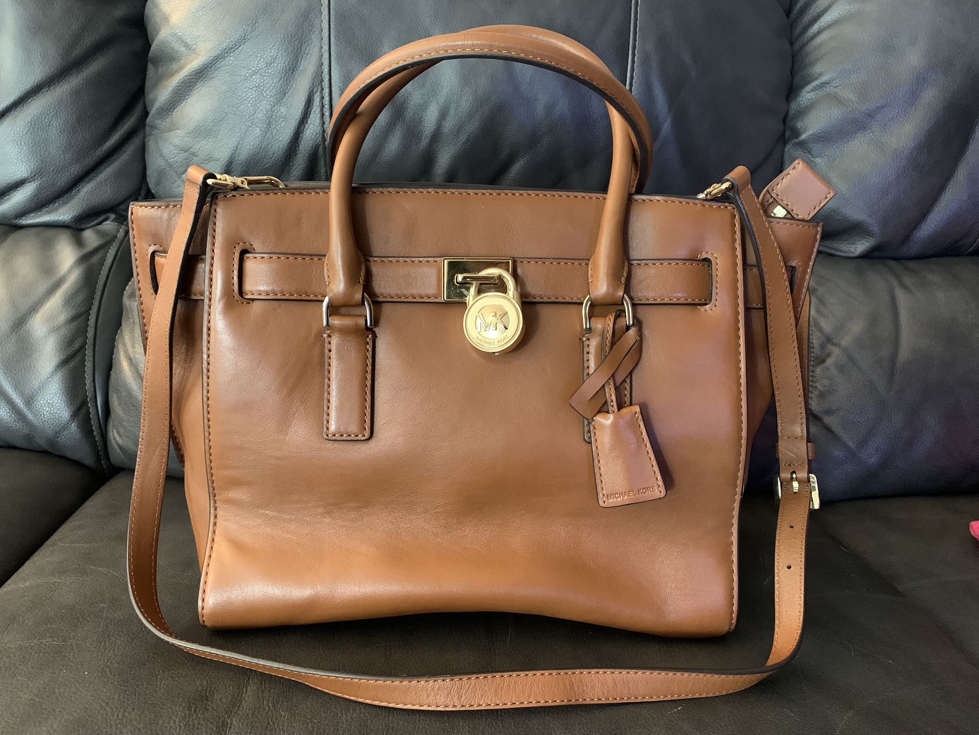 Michael Kors Brown Leather Hamilton Traveler LG Satchel Tote Houlder Bag