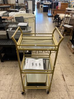 VASAGLE Bar Cart 3-Tier Shelf Wine Holders w/ Glass Holders - Gold