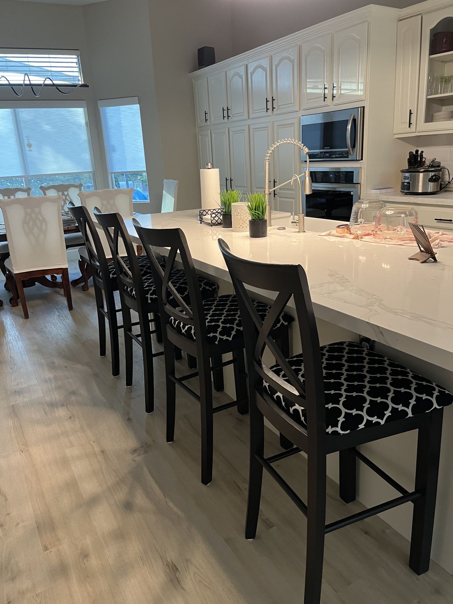 Four Upholstered Barstool – Counter Height Black & White Wood Stool for Kitchen Island + Bonus 5th Swivel matching fabric Stool.