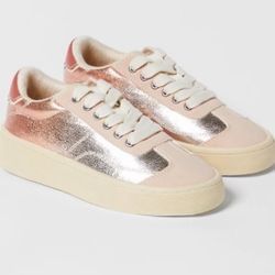 NWT Zara Girls Leather Gold Rose Pink Ombré Metallic Sneakers Shoes Boho-Size 13.5 US