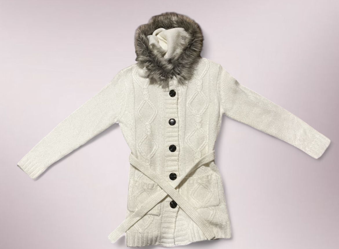 Sweater Cardigan With Faux Fur Hood
