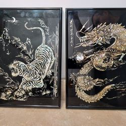  Two Vintage Framed Mother of Pearl "Incredible Dragon!" & "Sneaking Tiger" Crafts