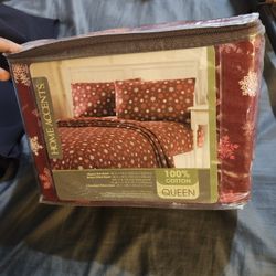 Christmas Queen Size Bedsheet Set, Holiday Festive Winter Snowflake Themed