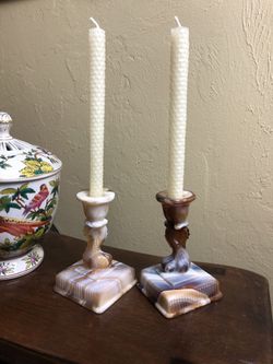 1964 Caramel Swirl Dolphin/Koi Candlesticks