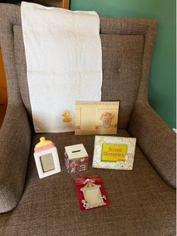 Assorted Baby Items, Bank, Frames & Towel