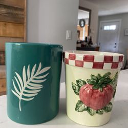 Two Plant Pot Covers / Ceramic Crock Containers- Teal Green W/ Leaf And Tomato With Checkered Rim 