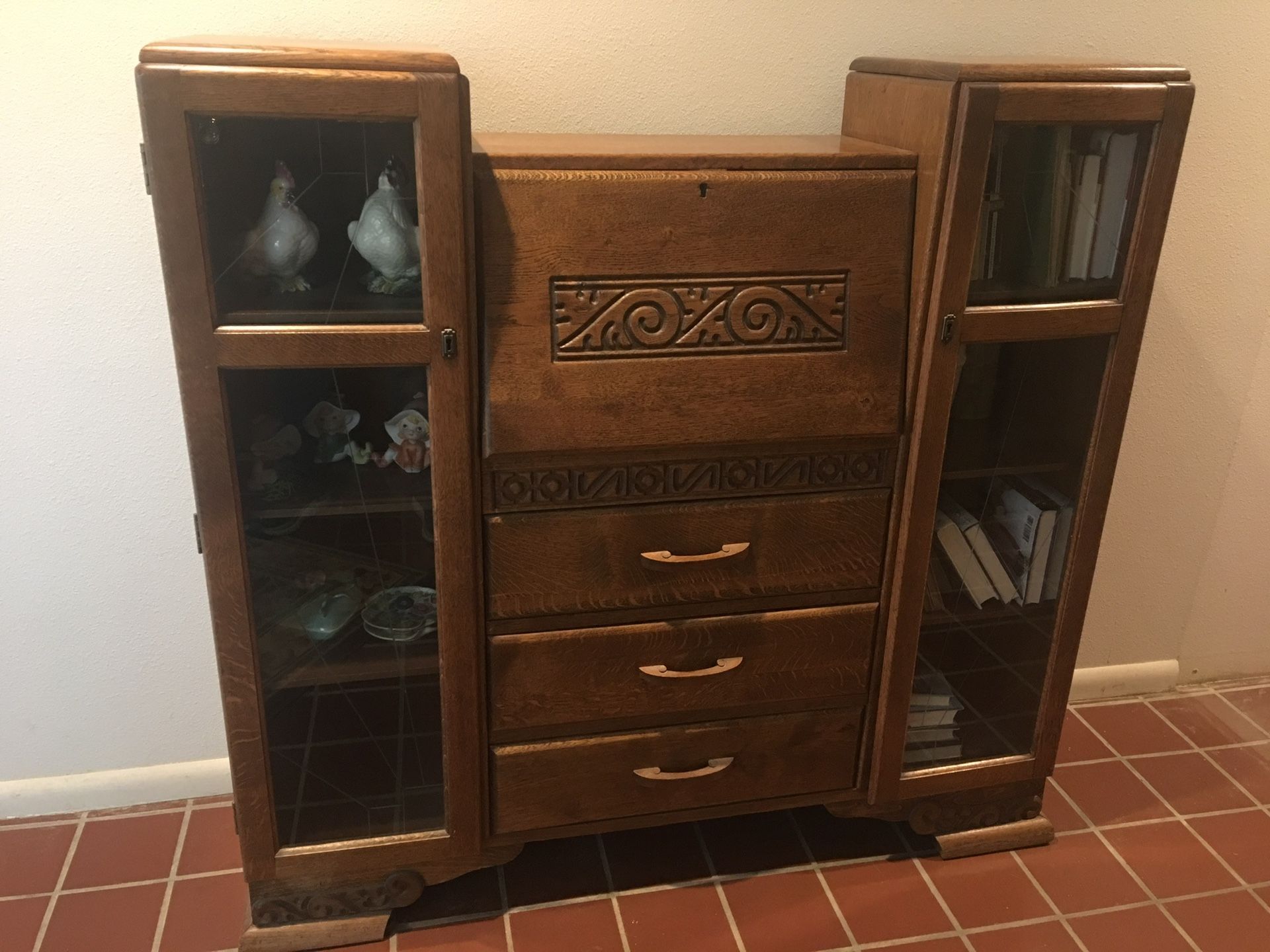 OAK ANTIQUE DESK with etched glass