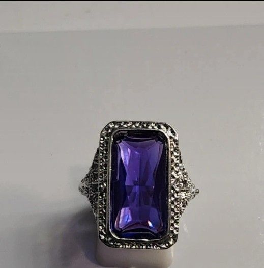 Silver CZ and Purple Topaz Ring Size 9