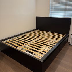 IKEA High bed frame with 2 storage boxes. Black. Queen Size