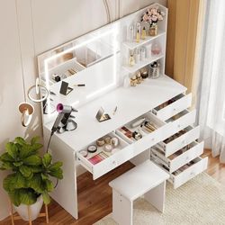 47 LED-Illuminated Makeup Vanity Desk with 7 Drawers, 3 Shelves, Outlet, and Adjustable Lighting for Bedroom (White)