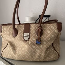 Dooney & Bourke Monogram Canvas Leather Tote Shoulder Bag Beige Tassel