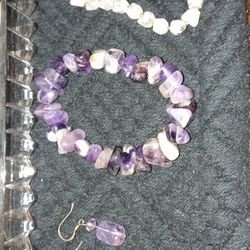 Amethyst Bracelet With Stop Earrings And Rose Quartz Bracelet Set