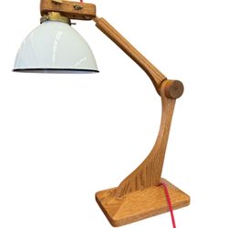 Vintage Handmade Oak Wood Adjustable Desk Lamp White Enamel Shade with Brass Finished Fittings