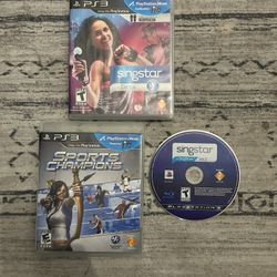 Three PS3 games sing star plus dance, sing star plus sing store, and sports champions