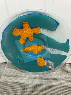 Art glass 16 inch cross serving dish blue orange clear Art glass 16 inch cross serving dish blue orange