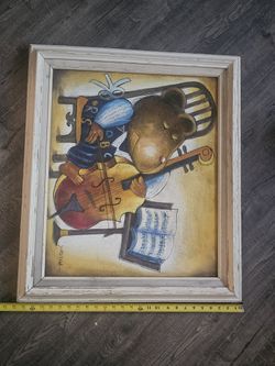 Large Framed Painting – Bear Playing Cello (37x29 in)