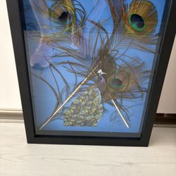 Beautiful & Colorful Peacock Feather Wall Or Shelf Art In Black Frame With Glass. Proud & Pretty As A Peacock! Wired On Back. Ready To Hang. 