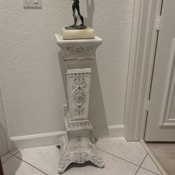 36” Cast Metal White Pedestal Table. Top Is 10.5” Square.  Great With Victorian,  Mid Century Modern MCM & Antique For Art Statue, Lamp, Plant, Etc.