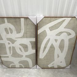 New - Framed Canvas Print Wall Art Set Mid-Century Tan Paint Strokes Abstract Shapes Illustrations Minimalism Decorative Bohemian Relax/Zen for Living