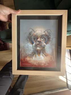 The artwork in the image is titled “After Kafka” by Stephen Douglas, created in 2014. It is an oil on linen painting measuring 38 x 38 inches