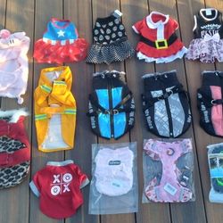 12 Dog Outfits (6 NEW) - Sz Small + NEW Handsfree Leash + NEW Sz Medium Harness