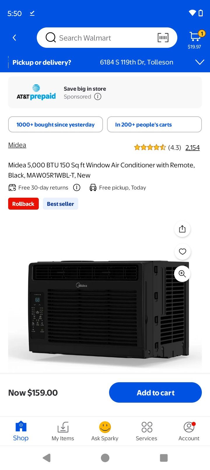 Midea 5,000 BTU 150 Sq ft Window Air Conditioner with Remote, Black, MAW05R1WBL
