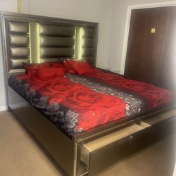 King Size Bed With Mattress Included With Matching Dresser LED Lights Installed In Both