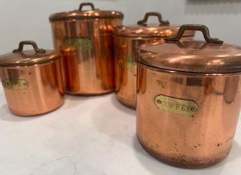 Vintage Copper & Brass Kitchen Canister Set – Flour Sugar Coffee Tea – Set of 4