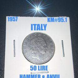 1957 ITALY 50 LIRE CEASAR HEAD & HAMMER ANVIL REVERSE KM# 95.1 AS SHOWN ! SEE PHOTO'S !