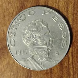 Mexican Mexico President Vicente Guerrero 1977  Large Cinco Pesos coin