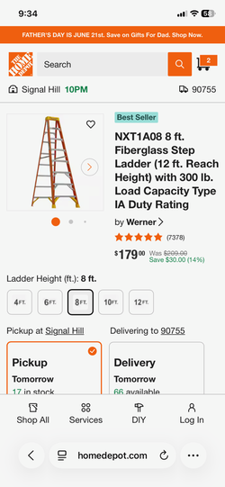 Werner NXT1A08 8 ft. Fiberglass Step Ladder