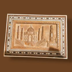 Vintage Eastern Indian Hand Carved SandalWood box depicting the Taj Mahal inlaid with bone and gem mosaic