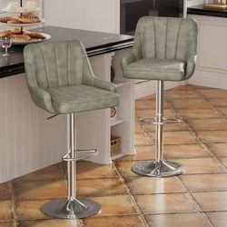 Swivel Adjustable Bar Stools with Back for Kitchen Counter Padded Counter Height Faux Leather Chairs, Gray, Set of 2