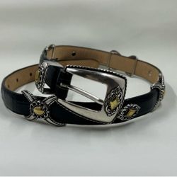 Brighton Black Leather Croc Embossed Silver And Brass Hardware Statement Belt XS