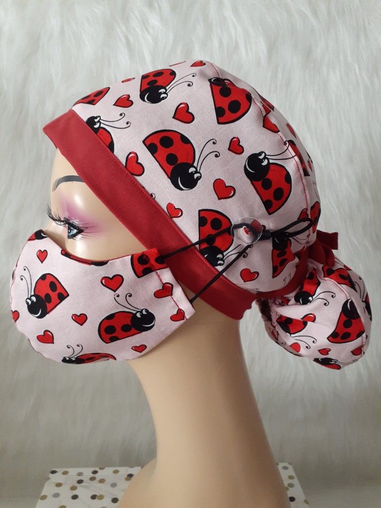 Ladybug Surgical Scrub Hat Set Ponytail Style Doctor Nurse Chemo Chef Cotton Bouffant Head Wrap With Buttons