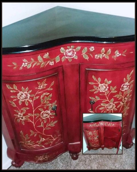VINTAGE FLORAL FLOWER ROSE HAND PAINTED WOOD MARBLE TABLETOP CORNER SHELF CABINET OCCASIONAL CONSOLE HALL TABLE