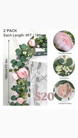 Artificial Peony Garlands 2 Pack 6ft Fake Greenery Vine Light Pink Silk Flowers Eucalyptus Leaves for Mantle Fireplace Wedding Table Arch Door Wall Ho