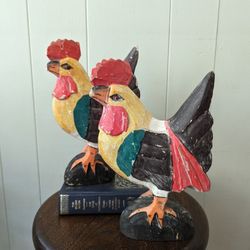 Vintage Rustic Hand Painted Light Wood Roosters 