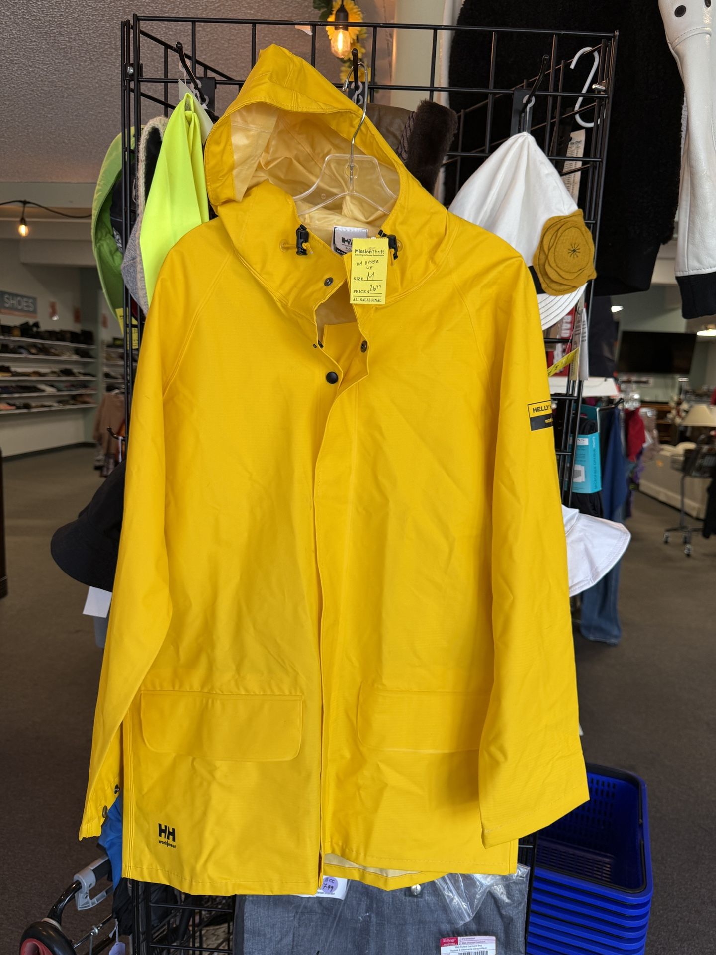 Helly Hansen Work Wear Yellow Menโs M Raincoat-has Couple Dark Smudges On Front