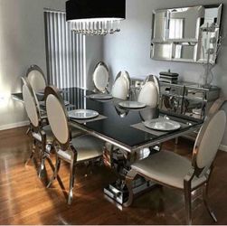Black Glass Dining Table with 8 Chairs- buy now pay later