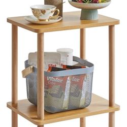 2-Tier Side Table, Solid Wood Tall End Table with Storage Shelves, Nightstand Bedside Table for Living Room Bedroom Office, No-Tool Assembly, Natura