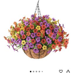2 New Artificial Faux Hanging Plants Flowers Basket for Spring Summer Outdoor Decoration, Fake Silk Daisy in Planter Realistic UV Resistant Look Real